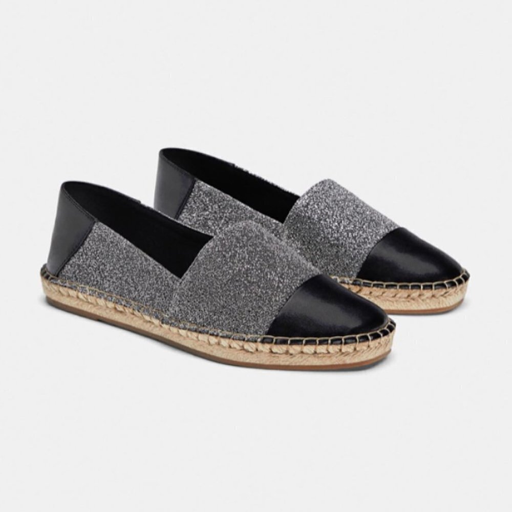 NWT Zara black faux leather & grey glitter raffia espadrille flats, 9